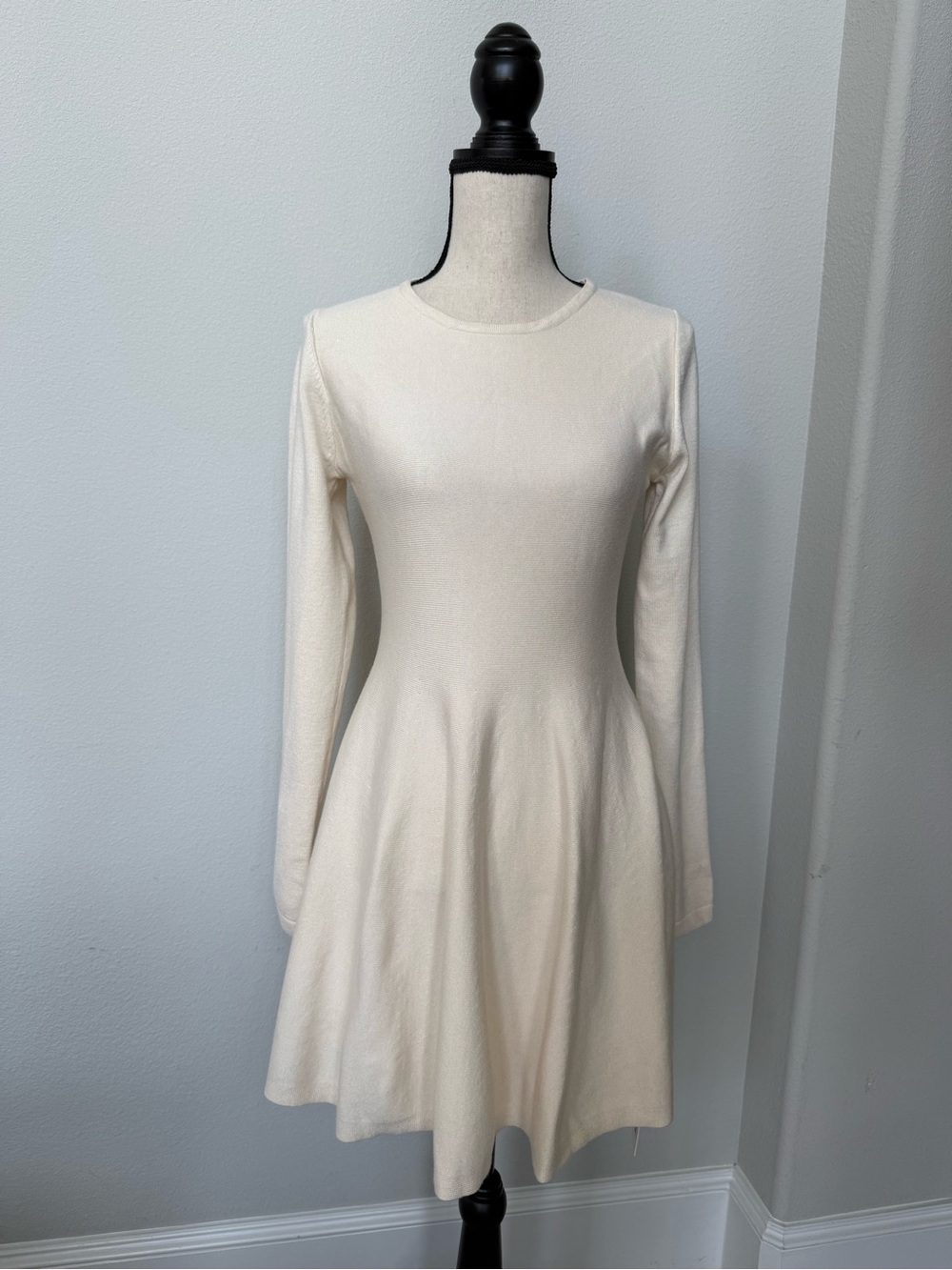 Commense Cream Long Sleeve Fit-and-Flare Sweater Dress